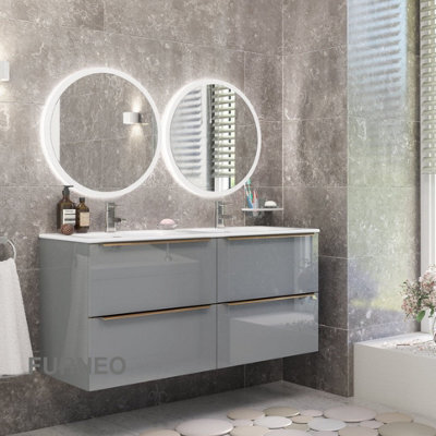 Furneo Bathroom Vanity Unit Floating Storage Basin Gloss Grey 4-Drawer 120Cm With Gold Handle - image 1