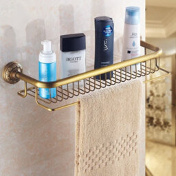 PEPTE Antique Brass Bathroom Single-Tier Shower Shelf Storage Rack Wall Mounted - thumbnail 1