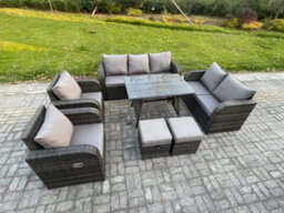 Fimous Outdoor Rattan Garden Furniture Set 9 Seater Patio Lounge Sofa Set With Dining Table 2 Small Footstools Dark Grey Mixed - thumbnail 2