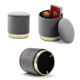 Hnnhome 37Cm Round Grey Velvet Ottoman Storage Box With Lid,pouffe Seat Chair,bedroom Dressing Stool With Gold Plating Base - thumbnail 5