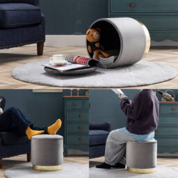 Hnnhome 37Cm Round Grey Velvet Ottoman Storage Box With Lid,pouffe Seat Chair,bedroom Dressing Stool With Gold Plating Base - thumbnail 6