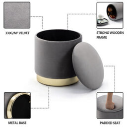 Hnnhome 37Cm Round Grey Velvet Ottoman Storage Box With Lid,pouffe Seat Chair,bedroom Dressing Stool With Gold Plating Base - thumbnail 2
