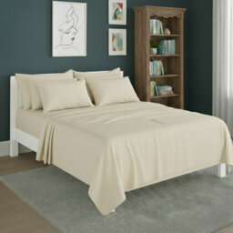 Plain Poly Cotton Easy Care Fitted Flat Sheet Matching Pillowcases Set Cream