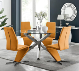 Furniturebox Uk Vogue Large Round Chrome Metal Clear Glass Dining Table And 4 Mustard Yellow Willow Dining Chairs Set - thumbnail 1