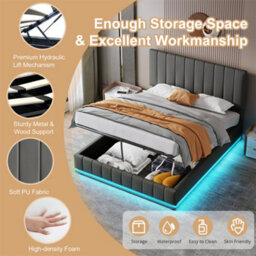 Abrihome Ottoman 5Ft King Bed With Led Lighting, Pu Leather Upholstered Bed With Hydraulic Storage, Grey (No Mattress) - thumbnail 5