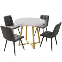 Btm 5 Piece Round Dining Set White Mdf Table Top 80Cm With Gold Legs And Four Grey Velvet Chairs - thumbnail 2