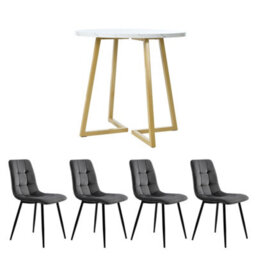 Btm 5 Piece Round Dining Set White Mdf Table Top 80Cm With Gold Legs And Four Grey Velvet Chairs - thumbnail 3