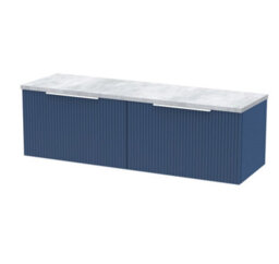Hudson Reed Fluted Wall Hung 2-Drawer Vanity Unit & Bellato Grey Laminate Worktop, Counter Top Vanity Unit In Satin Blue, 1200mm
