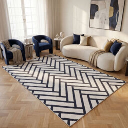 The Rugs Loft Navy And Ivory Herringbone Living Room Area Rug And Runners Soft Pile - thumbnail 3