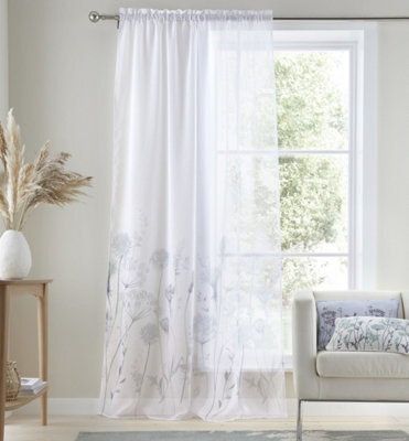 Catherine Lansfield Meadowsweet Floral 55X54 Inch Tab Top Voile Curtain Panel White - image 1
