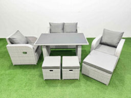 Fimous Outdoor Rattan Garden Furniture Dining Set 7-Seater Patio Rectangular Table Love Sofa Reclining Chair Set With 3 Stools - thumbnail 1