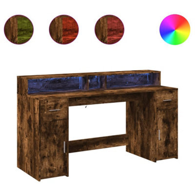 Berkfield Durable Desk With Led Lights Smoked Oak 160X55X91 Cm Engineered Wood