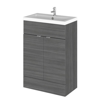 Hudson Reed Fusion Floor Standing 2 Door Vanity Unit & Polymarble Basin, Vanity Unit With Basin, Anthracite Woodgrain, 600mm - image 1