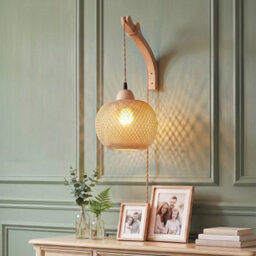 Komore Bamboo Lantern Wall Light Wood Frame Adjustable Hanging Cord,e27 - thumbnail 3
