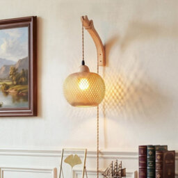 Komore Bamboo Lantern Wall Light Wood Frame Adjustable Hanging Cord,e27 - thumbnail 1