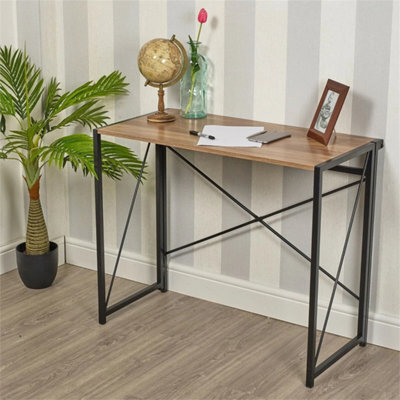 Oak-Rectangle Wooden Folding Table Steel Legs Computer Work Office Desk - image 1