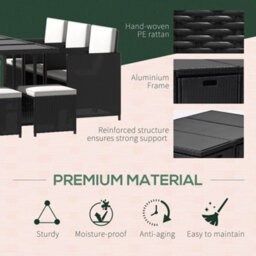 Outsunny 10 Seater Cube Rattan Dining Set W/ Cushions Glass Top Table Black - thumbnail 7