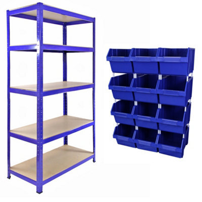 MonsterShop T-Rax 90Cm Racking & Storage Bins Stacking Boxes Blue Storage Set Warehouse Garage Boltless Bay Shelving Unit