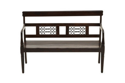 Orsina Dark Sheesham Wood Bench, Vintage-Style Wooden Seat With Intricate Iron-Detail Back, Entryway Seating - image 1