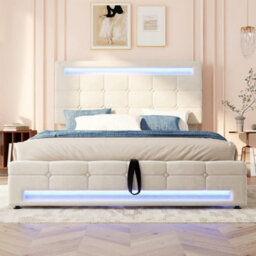 BTM Upholstered Hydraulic Bed, 4Ft6 Double Bed 135X190Cm, Led Light Strips, Velvet+Iron, Beige - thumbnail 5
