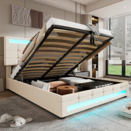 BTM Upholstered Hydraulic Bed, 4Ft6 Double Bed 135X190Cm, Led Light Strips, Velvet+Iron, Beige - thumbnail 4