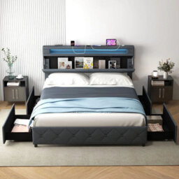 King Size Bed Frame W/ Led Lights & Charging Station - thumbnail 3