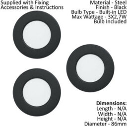 3 Pack Black Steel Flush Ceiling Downlight With Built-In Led Lighting - thumbnail 2