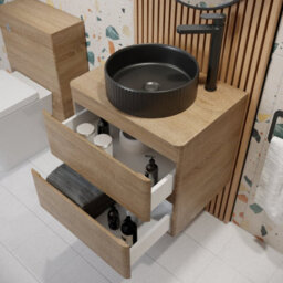 Affine 600mm Bathroom Countertop Vanity Unit Round Fluted Basin Sink Wall Hung Oak - thumbnail 3