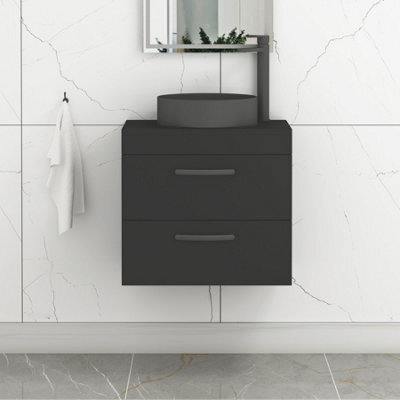 Royal Bathrooms Turin 600mm Wall Mounted Bathroom Vanity Unit With Sink 2 Drawer Matt Black & Art Round Countertop Basin - image 1