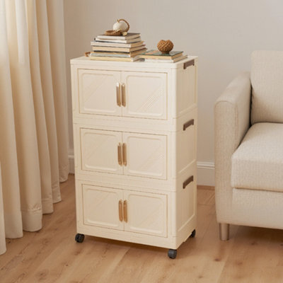 Darphe Cream Foldable 3 Tier Rolling Plastic Storage Cabinet With Magnetic Double Doors - image 1