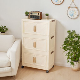 Darphe Cream Foldable 3 Tier Rolling Plastic Storage Cabinet With Magnetic Double Doors - thumbnail 2