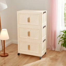 Darphe Cream Foldable 3 Tier Rolling Plastic Storage Cabinet With Magnetic Double Doors - thumbnail 3