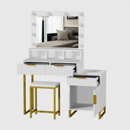 Kosy Koala Dressing Table Set With Bulb Lights Mirror, Storage Cabinet And Stool - White And Gold - Hollywood Style - thumbnail 3