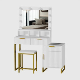 Kosy Koala Dressing Table Set With Bulb Lights Mirror, Storage Cabinet And Stool - White And Gold - Hollywood Style - thumbnail 2