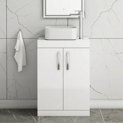 Royal Bathrooms 600mm Floor Standing Vanity Unit 2 Door Gloss White & Countertop Basin - Elena - image 1