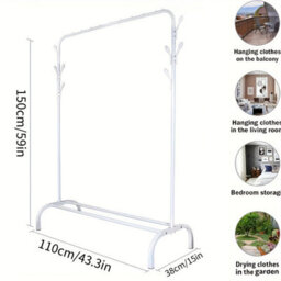 Heavy Duty Metal Single Rail Clothes Garment Hanging Rack Shelf Stand White - thumbnail 2