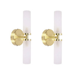 Valuelights Canya Pair Of Gold Ip44 2 Way Frosted Reeded Glass Wall Lights With Led Bulbs - thumbnail 1