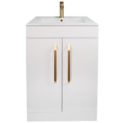 Plum&clay Denver Gloss White Freestanding Vanity Unit & Basin Set With Gold Tap & Handles (W)615mm (H)850mm - image 1