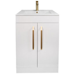 Plum&clay Denver Gloss White Freestanding Vanity Unit & Basin Set With Gold Tap & Handles (W)615mm (H)850mm