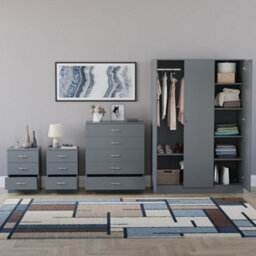 Lassic Vida Designs Riano 4 Piece Bedroom Set (3 Drawer Bedside Chest, 5 Drawer Chest, 3 Door Wardrobe), Grey - thumbnail 2