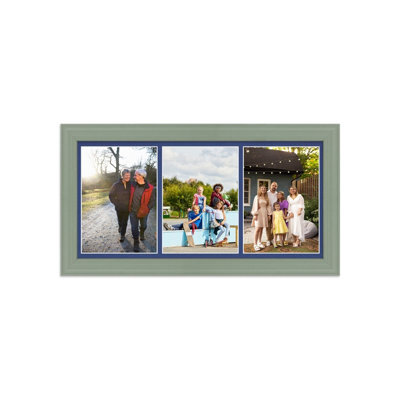 AK Frames 16X8 Green Classic Multi Photo Frame With Blue Mount - Holds 3 Apertures (3X) 7X5 Photos - image 1