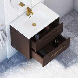 Royal Bathrooms Livora 700mm Walnut Woodgrain Wall Hung Bathroom Vanity Unit 2 Drawer With Ceramic Basin & Brushed Brass Handle - thumbnail 4