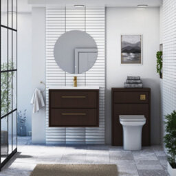 Royal Bathrooms Livora 700mm Walnut Woodgrain Wall Hung Bathroom Vanity Unit 2 Drawer With Ceramic Basin & Brushed Brass Handle - thumbnail 3