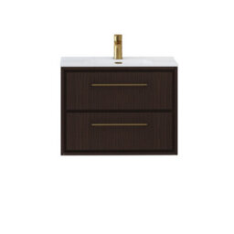 Royal Bathrooms Livora 700mm Walnut Woodgrain Wall Hung Bathroom Vanity Unit 2 Drawer With Ceramic Basin & Brushed Brass Handle - thumbnail 5