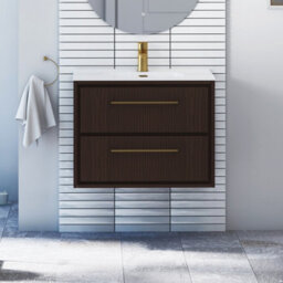 Royal Bathrooms Livora 700mm Walnut Woodgrain Wall Hung Bathroom Vanity Unit 2 Drawer With Ceramic Basin & Brushed Brass Handle