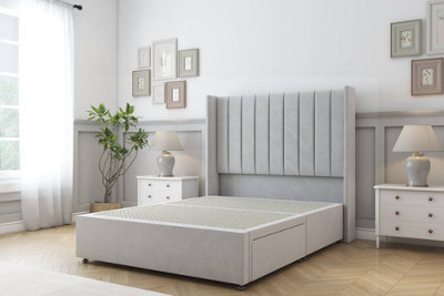 "Sloomy Falcon Silver Plush Divan Bed Base No Drawers With 54"" Wingback Headboard 4' Small Double" - image 1