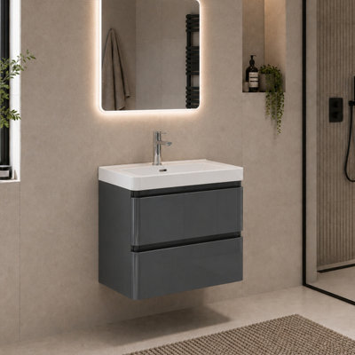 Plum&clay Marvel Wall Hung Bathroom Vanity Unit In Dark Grey Gloss With Ceramic Basin (W)600mm - image 1