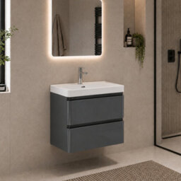 Plum&clay Marvel Wall Hung Bathroom Vanity Unit In Dark Grey Gloss With Ceramic Basin (W)600mm - thumbnail 1
