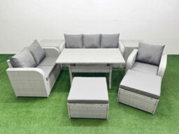 Fimous Pe Wicker 8 Seater Outdoor Rattan Furniture Sofa Sets Reclining Chair Loveseat Sofa 2 Big Footstools 2 Side Table - thumbnail 1