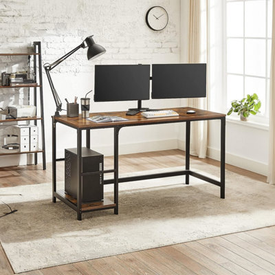 Office Writing Desk, Steel Frame Work Table With 2 Adjustable Shelves, Industrial Style, Rustic Brown And Black - image 1